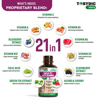 Show full view: TOBYDIC Multivitamin with Glucosamine & Cranberry 15 in 1 Liquid Supplement for Dogs & Cats, 60-mL bottle slide 4 of 8