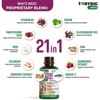 Show full view: TOBYDIC Multivitamin with Glucosamine & Cranberry 15 in 1 Liquid Supplement for Dogs & Cats, 60-mL bottle slide 5 of 8