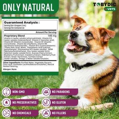 Show full view: TOBYDIC Multivitamin with Glucosamine & Cranberry 15 in 1 Liquid Supplement for Dogs & Cats, 60-mL bottle slide 8 of 8