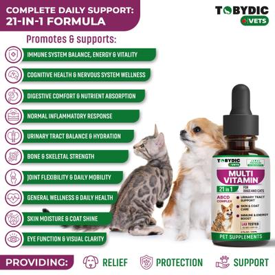Show full view: TOBYDIC Multivitamin with Glucosamine & Cranberry 15 in 1 Liquid Supplement for Dogs & Cats, 60-mL bottle slide 3 of 8