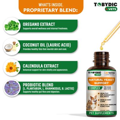 Show full view: TOBYDIC Natural Yeast Support Skin & Coat Health Liquid Supplement for Dogs & Cats, 2-fl oz bottle slide 5 of 9