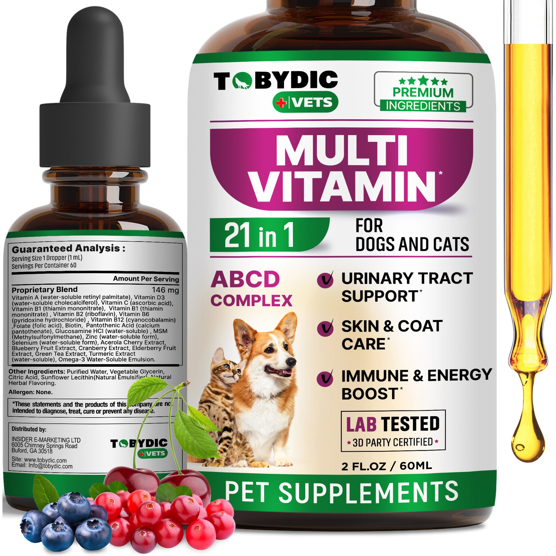 TOBYDIC Multivitamin with Glucosamine & Cranberry 21 in 1 Liquid Supplement for Dogs & Cats, 60-mL bottle