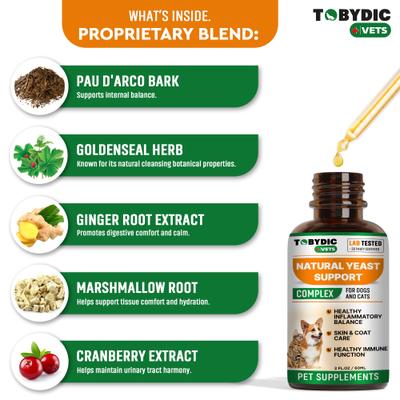 Show full view: TOBYDIC Natural Yeast Support Skin & Coat Health Liquid Supplement for Dogs & Cats, 2-fl oz bottle slide 4 of 9