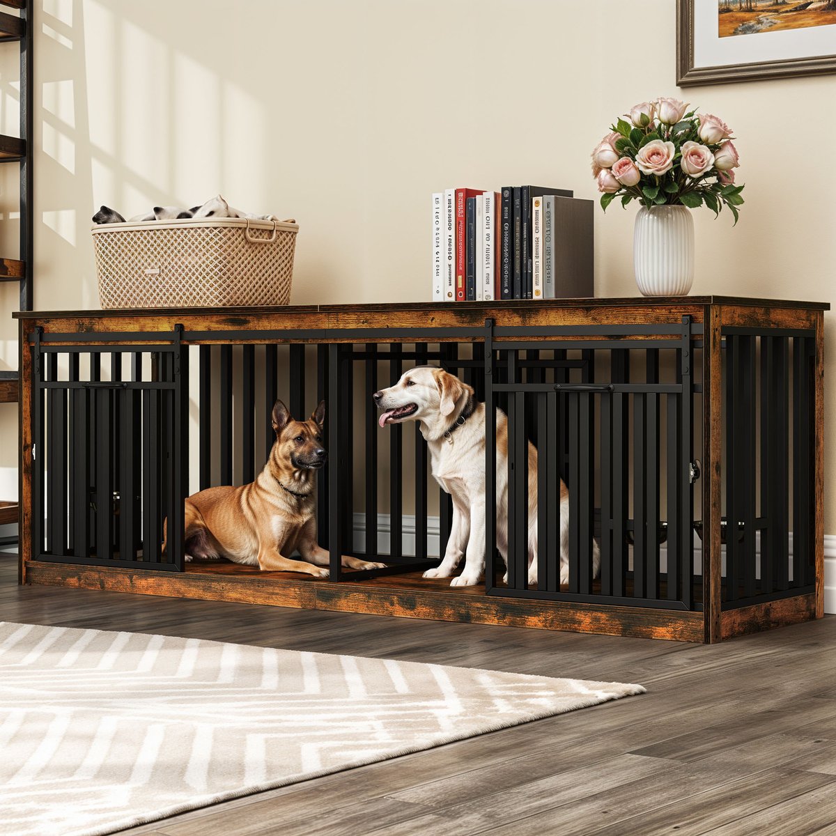 Wooflex Double Dog Waterproof Hard-Sided Dog Crate, Rustic Brown, 86.6-in