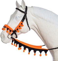 Tough1 Halloween 5 Piece Set Horse Bridle & Rein Cover, Orange/Black, Horse: 10-in long nose piece, 6-in cheek pieces, 19-in long rein cover