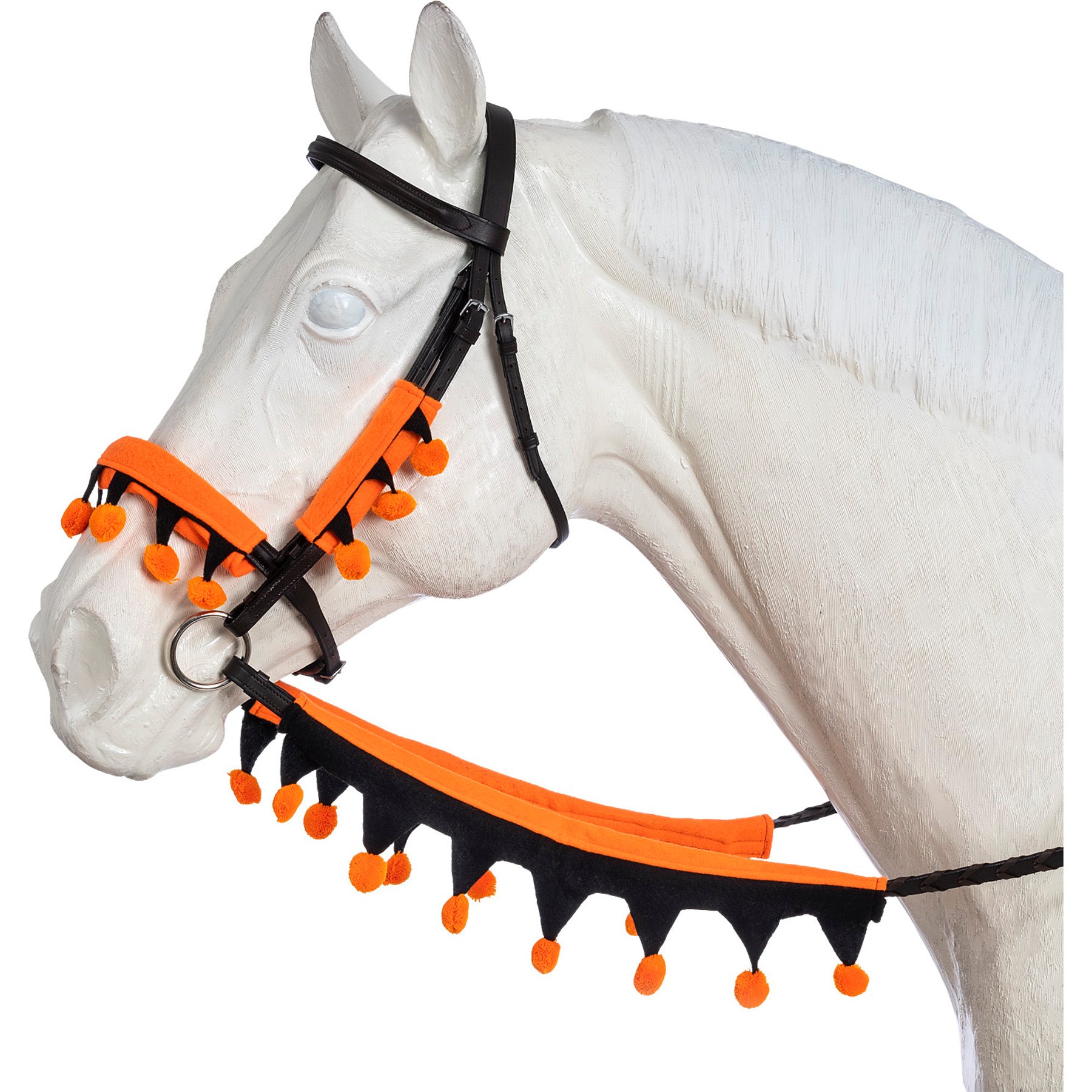 Tough1 Halloween 5 Piece Set Horse Bridle & Rein Cover, Orange/Black, Horse: 10-in long nose piece, 6-in cheek pieces, 19-in long rein cover