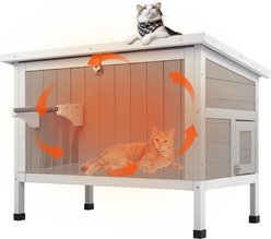 Petscosset Insulated Outdoor Wooden Cat House with Escape Door, Gray, 34-in