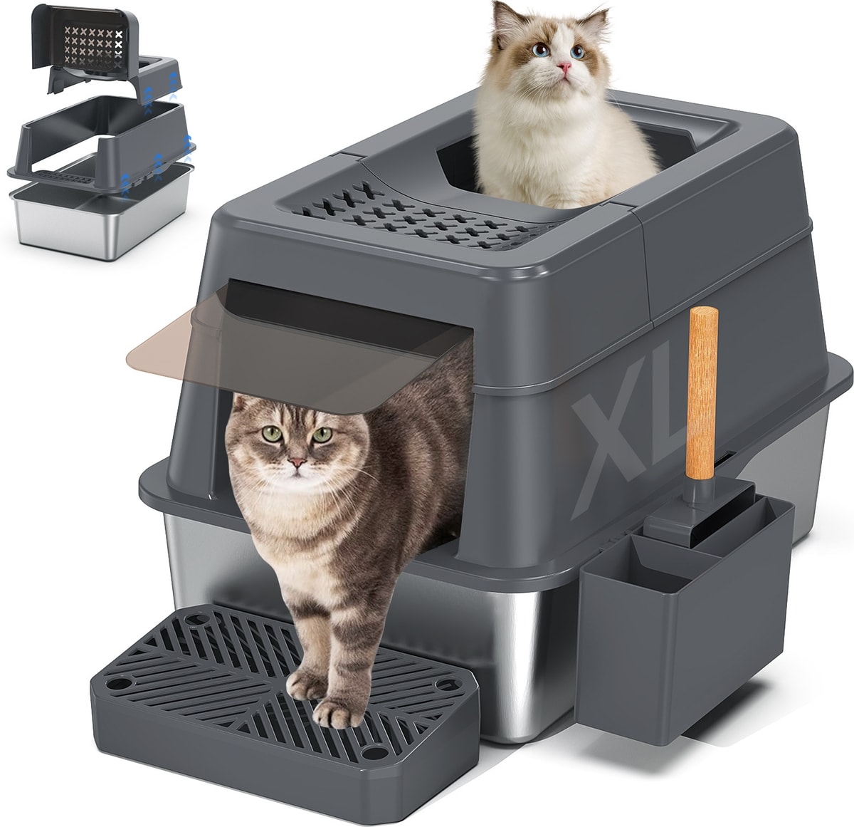 APHYXEN Stainless Steel Enclosed Cat Litter Box with Lid Modular Design ...
