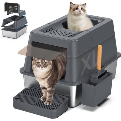 Aphyxen Aphyxen Stainless Steel Enclosed Cat Litter Box with Lid Modular Design with Scoop, X-Large, Dark Grey
