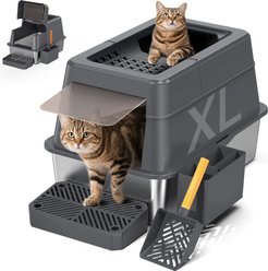 Mutrelenx Stainless Steel Modular Design Covered High Sided Non-Sticky Cat Litter Box with Lid, 10-lb box, Dark Grey