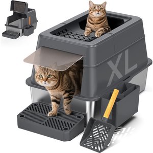 Mutrelenx Stainless Steel Modular Design Covered High Sided Non-Sticky Cat Litter Box with Lid, 10-lb box, Dark Grey