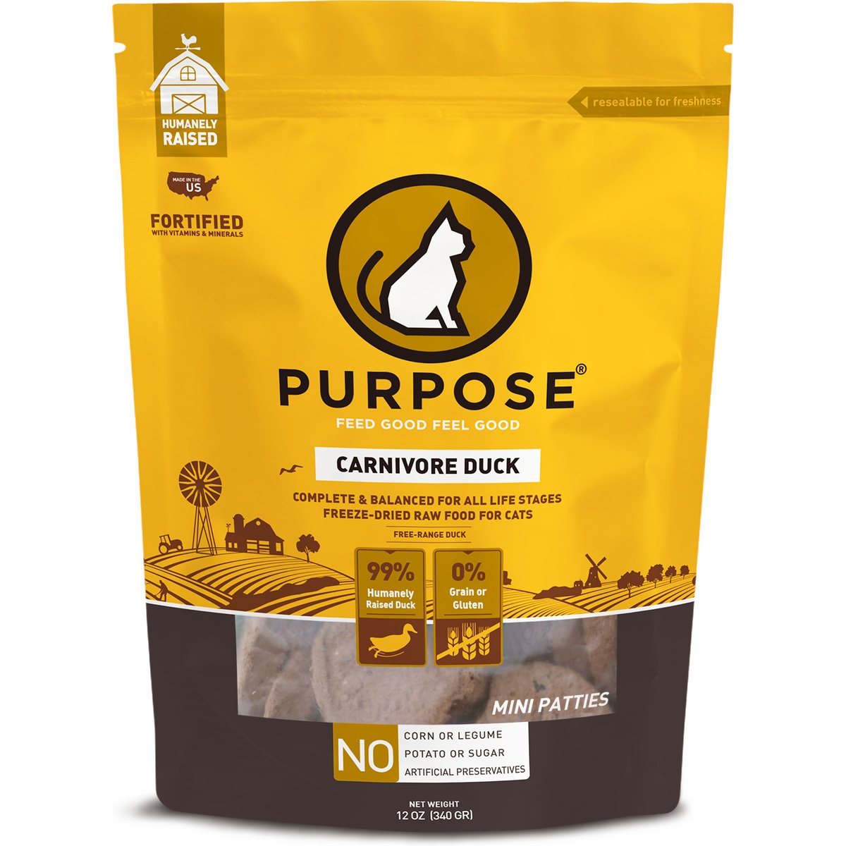 Purpose Carnivore Duck Patties Freeze-Dried Raw Cat Food, 12-oz bag