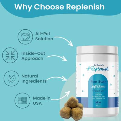 Show full view: Replenish Dr. Rachel's Tear Stain Remover Supplement Dog Chew Treats, 60 count slide 8 of 9