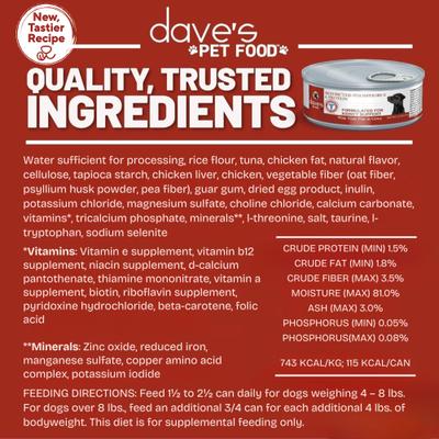 Show full view: Dave's Pet Food Restricted Phosphorus & Protein Tuna Pate Wet Dog Food, 5.5-oz can, case of 12 slide 6 of 14