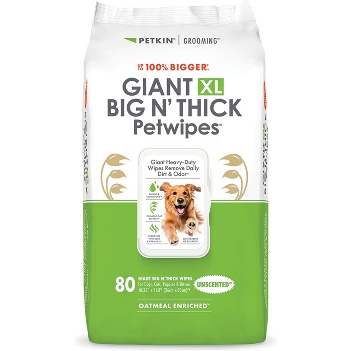 Petkin Giant XL Big N Thick Unscented Dog Grooming Wipes, 80 count