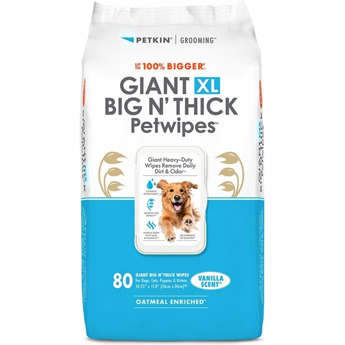 Petkin Giant XL Big N Thick Vanilla Dog Grooming Wipes, 80 count