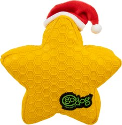 GoDog Christmas Holiday TPR Plush Star Tough Squeaky Dog Chew Toy, Yellow/Red, Medium slide 2 of 6