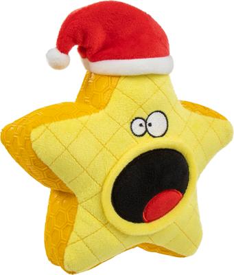 Show full view: GoDog Christmas Holiday TPR Plush Star Tough Squeaky Dog Chew Toy, Yellow/Red, Medium slide 3 of 6