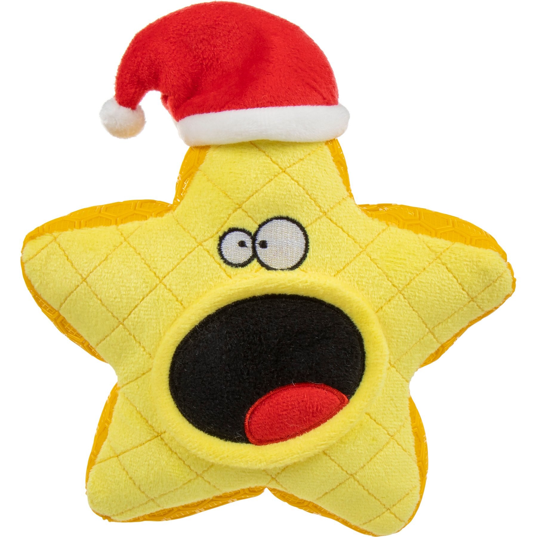 GoDog Christmas Holiday TPR Plush Star Tough Squeaky Dog Chew Toy, Yellow/Red, Medium
