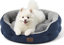 Bedsure Round Orthopedic Bolster Anti-Slip Puppy & Kitten Bed with Washable Pillow Cushion, Navy, Medium
