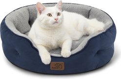 Bedsure Round Bolster Anti-Slip Puppy & Kitten Bed with Washable Pillow Cushion, Navy, Small