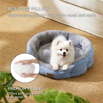 Show full view: Bedsure Round Bolster Anti-Slip Puppy & Kitten Bed with Washable Pillow Cushion, Frost Blue, Medium slide 3 of 10