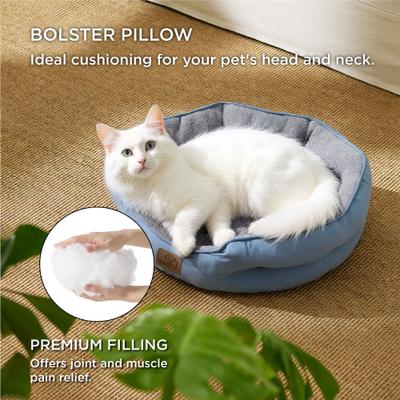 Show full view: Bedsure Round Bolster Anti-Slip Puppy & Kitten Bed with Washable Pillow Cushion, Frost Blue, Small slide 2 of 9