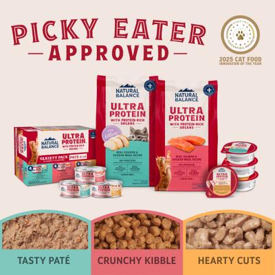 Show full view: Natural Balance Ultra Protein Chicken, Duck & Salmon Cuts in Gravy Variety Pack Wet Cat Food, 2.7-oz cup, case of 12 slide 9 of 11