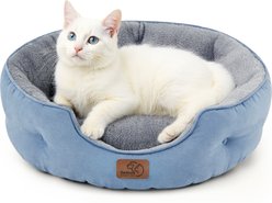 Bedsure Round Orthopedic Bolster Anti-Slip Puppy & Kitten Bed with Washable Pillow Cushion, Frost Blue, Small
