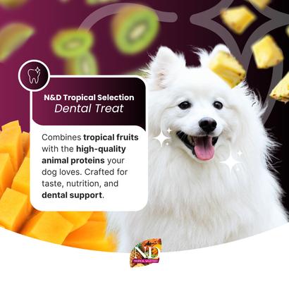 Show full view: Farmina N&D Tropical Selection Pork, Spelt, Oats, & Tropical Fruit Medium & Maxi Dental Dog Dental Dog Treatss, 3.5-oz bag, 7-count slide 4 of 7