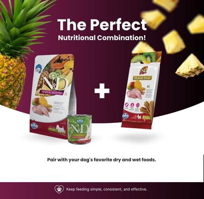 Show full view: Farmina N&D Tropical Selection Pork, Spelt, Oats, & Tropical Fruit Mini Dental Dog Treats, 2.1-oz bag, 7-count slide 7 of 7