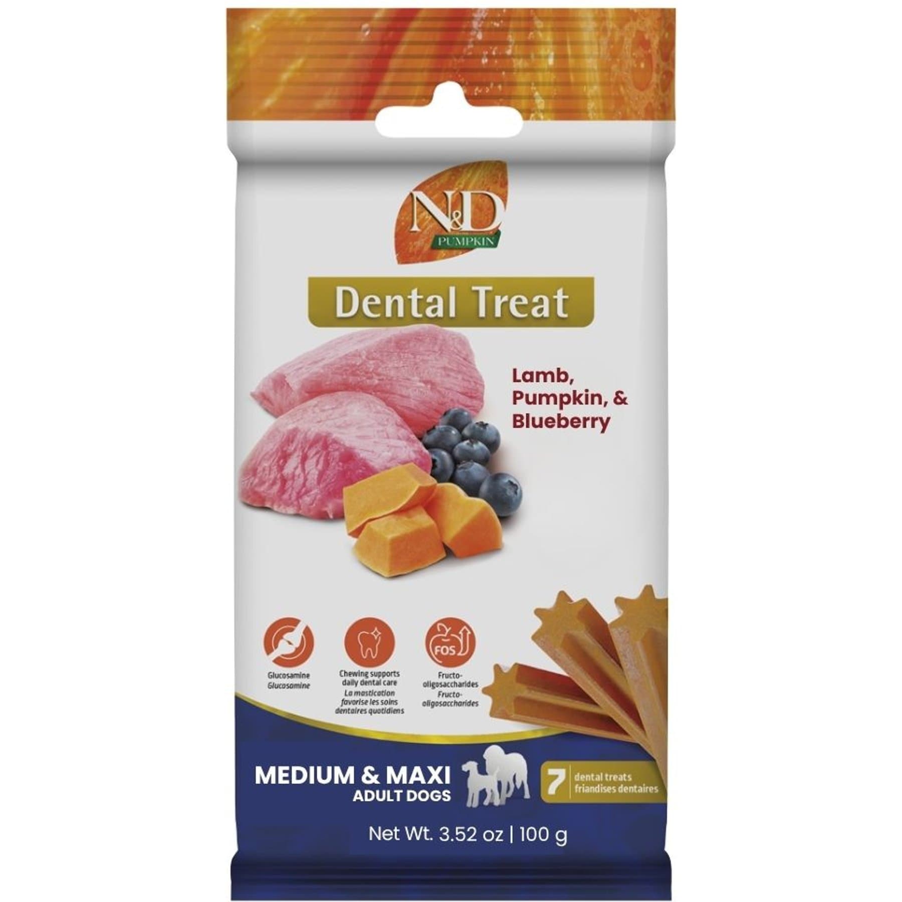 Farmina N&D Pumpkin Lamb, Pumpkin, & Blueberry Medium & Maxi Dental Dog Treats, 3.5-oz bag, 7 count