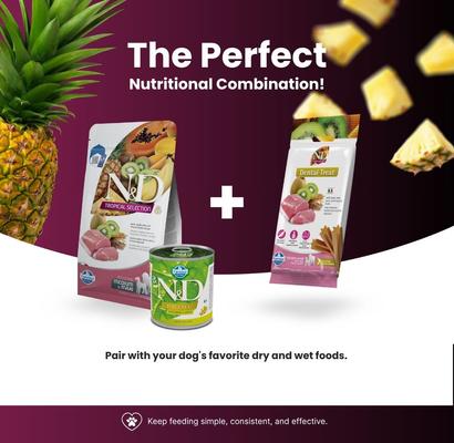 Show full view: Farmina N&D Tropical Selection Pork, Spelt, Oats, & Tropical Fruit Adult Canine Medium & Maxi Treat, 3.5-oz bag, 7-count slide 7 of 7