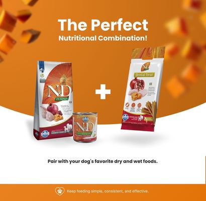 Show full view: Farmina N&D Pumpkin Chicken, Pumpkin, & Pomegranate Medium & Maxi Dental Dog Treats, 3.5-oz bag, 7-count slide 7 of 7