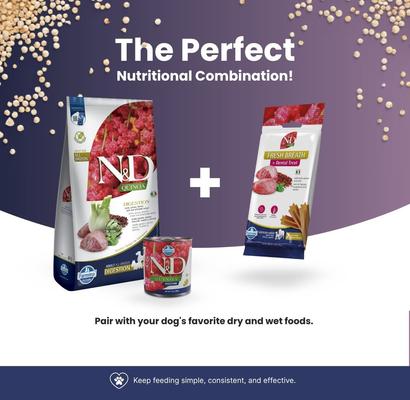 Show full view: Farmina N&D Quinoa Weight Management Lamb Medium & Maxi Dental Dog Treats, 3.5-oz bag, 7-count slide 3 of 8