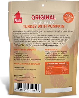 Show full view: Plato Original Real Strips Turkey & Pumpkin Recipe Grain-Free Dog Treats, 18-oz bag slide 3 of 11