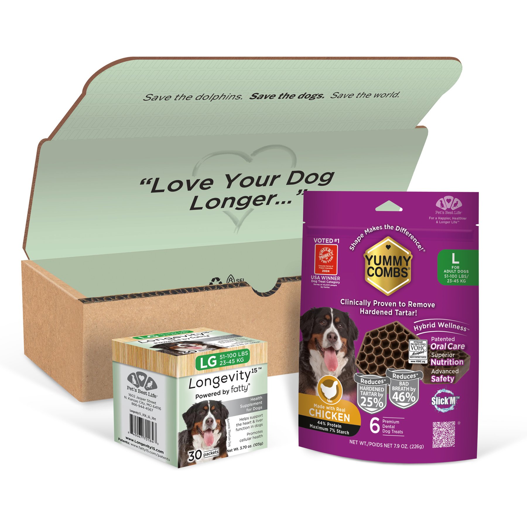 Longevity15 & Yummy Combs Mini-Pack Bundle Cheese Flavored Powder Supplement for Large Dogs, 3.7-oz bag