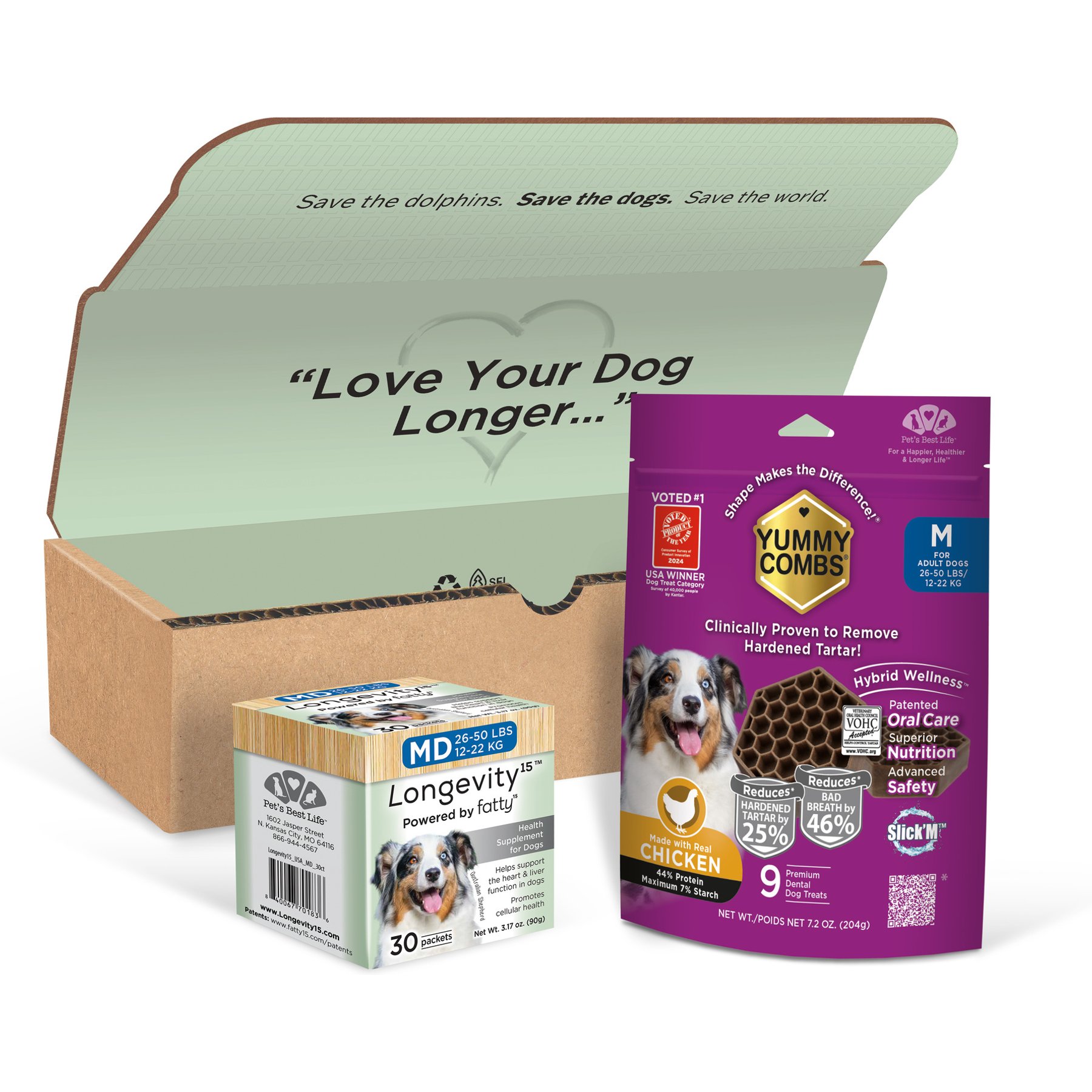 Longevity15 & Yummy Combs Mini-Pack Bundle Cheese Flavored Powder Supplement for Medium Dogs, 3.17-oz bag