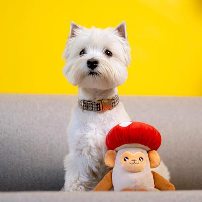 Show full view: Fikas Freaky Friends Mushroom Monkey Squeaky Emotional Support Plush Dog Toy, Red/Brown/White slide 2 of 6