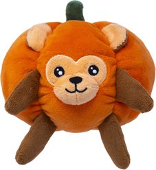 Fikas Freaky Friends Pumpkin Monkey Squeaky Emotional Support Plush Dog Toy, Orange/Brown