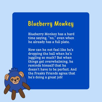 Show full view: Fikas Freaky Friends Blueberry Monkey Squeaky Ball Emotional Support Plush Dog Toy, Blue/Brown slide 5 of 5