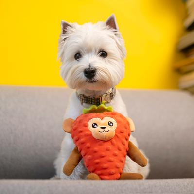 Show full view: Fikas Freaky Friends Strawberry Monkey Squeaky Emotional Support Plush Dog Toy, Red/Brown slide 2 of 6