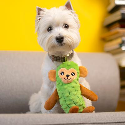 Show full view: Fikas Freaky Friends Pickle Monkey Squeaky Emotional Support Plush Dog Toy, Green/Brown slide 2 of 6