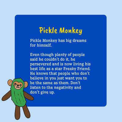 Show full view: Fikas Freaky Friends Pickle Monkey Squeaky Emotional Support Plush Dog Toy, Green/Brown slide 5 of 6