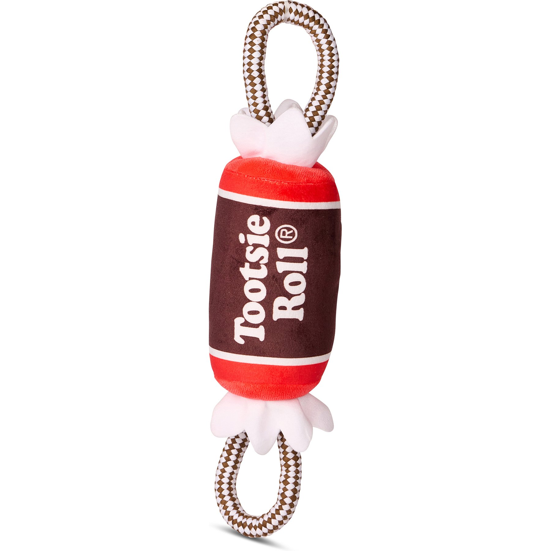 Tootsie Roll Plush Candy Wrapper with Rope Handles Squeaky Dog Plush Toy