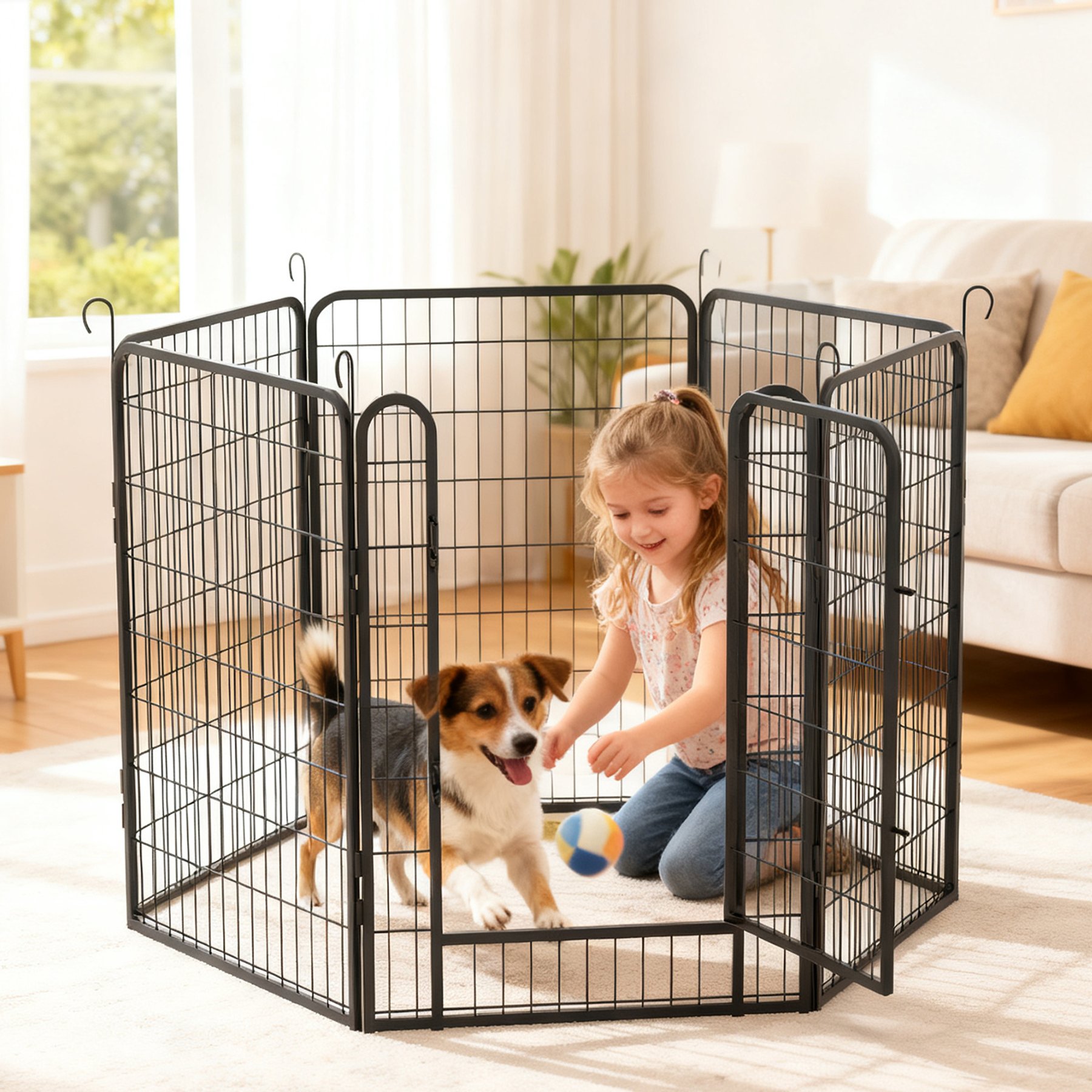 Yafylly 39.37-in Heavy Duty Metal Dog Playpen, Black, Black, 6-panel