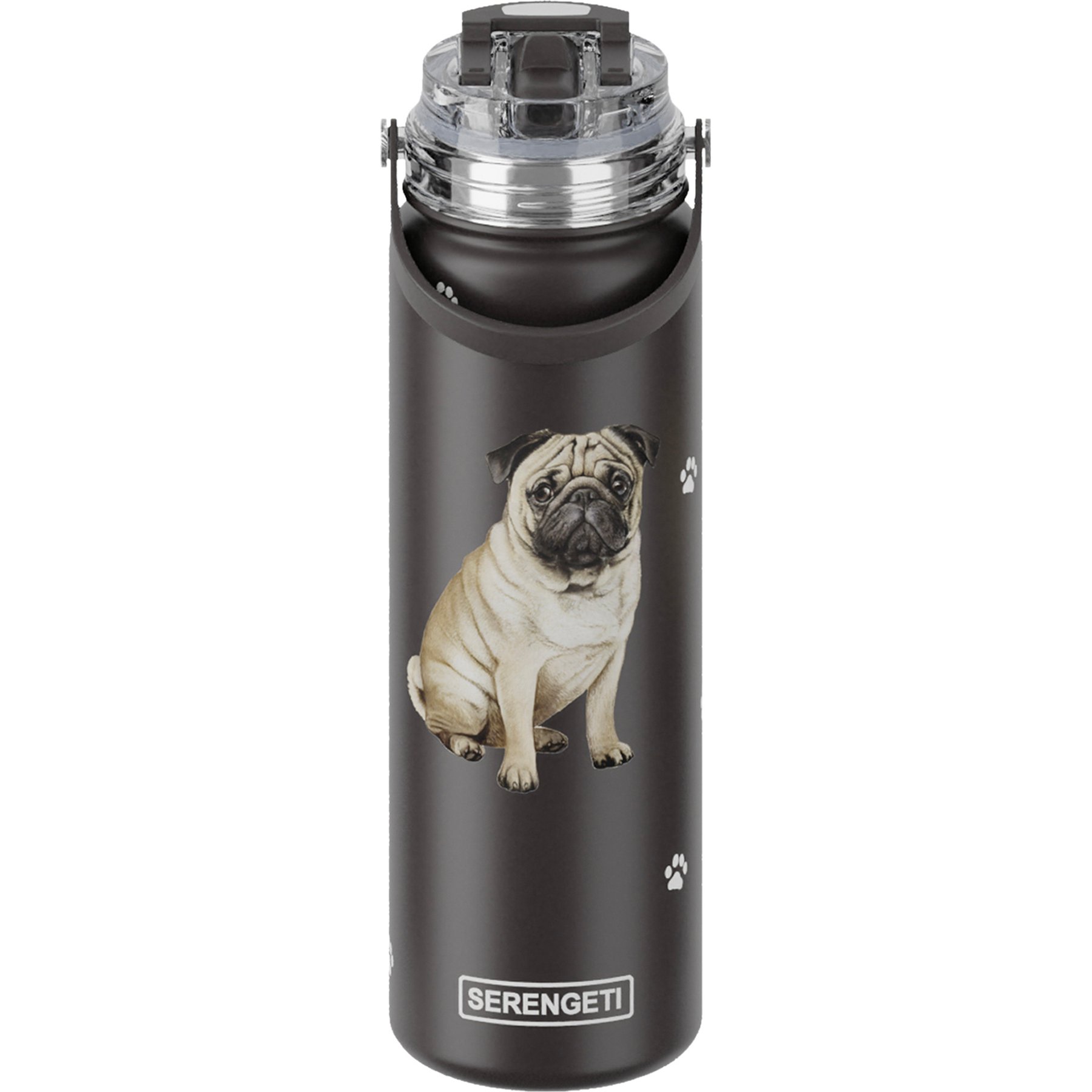 E&S PETS Pug Stainless Steel Water Bottle, 24-oz, Black