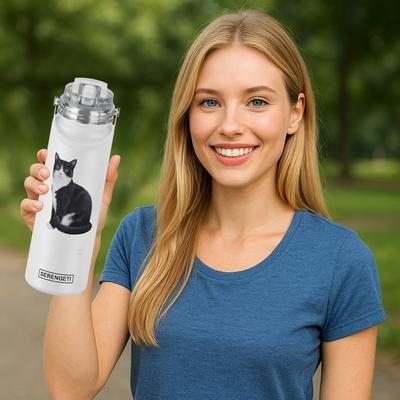 Show full view: E&S PETS Black & White Cat Stainless Steel Water Bottle, 24-oz, White slide 4 of 5