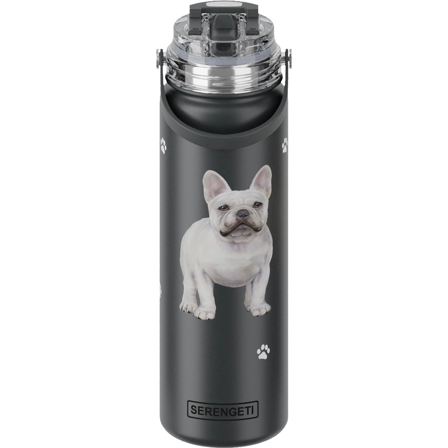 E&S PETS French Bulldog Stainless Steel Water Bottle, 24-oz, Black