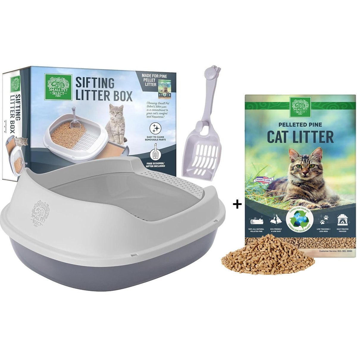 Small Pet Select Sifting Cat Litter Box with Free 8-lb Pine Pellets Combo, 5 Free Pee Pads & Free Litter Scoop